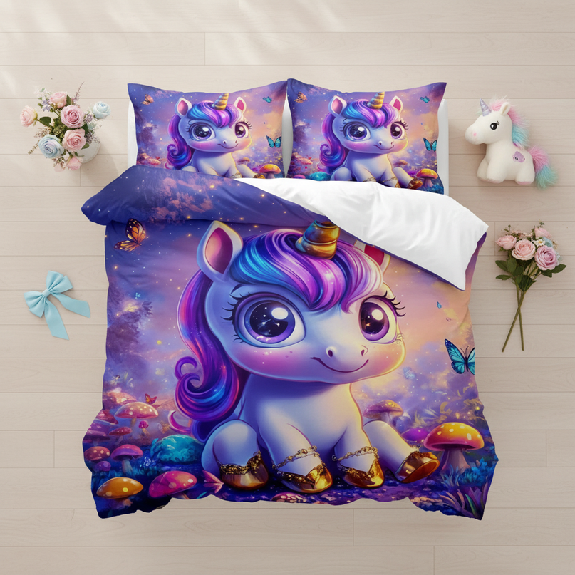 mushroom wonderland unicorn bedding - flat-lay
