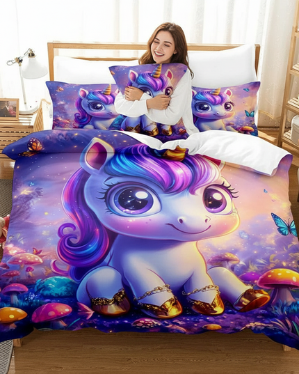 mushroom wonderland unicorn bedding - in-use