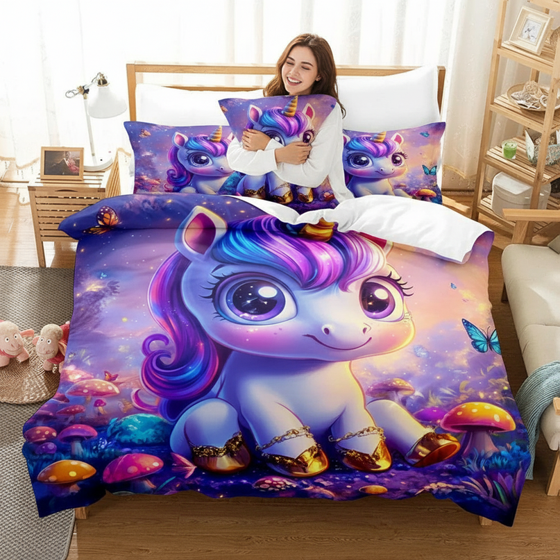 mushroom wonderland unicorn bedding - in-use