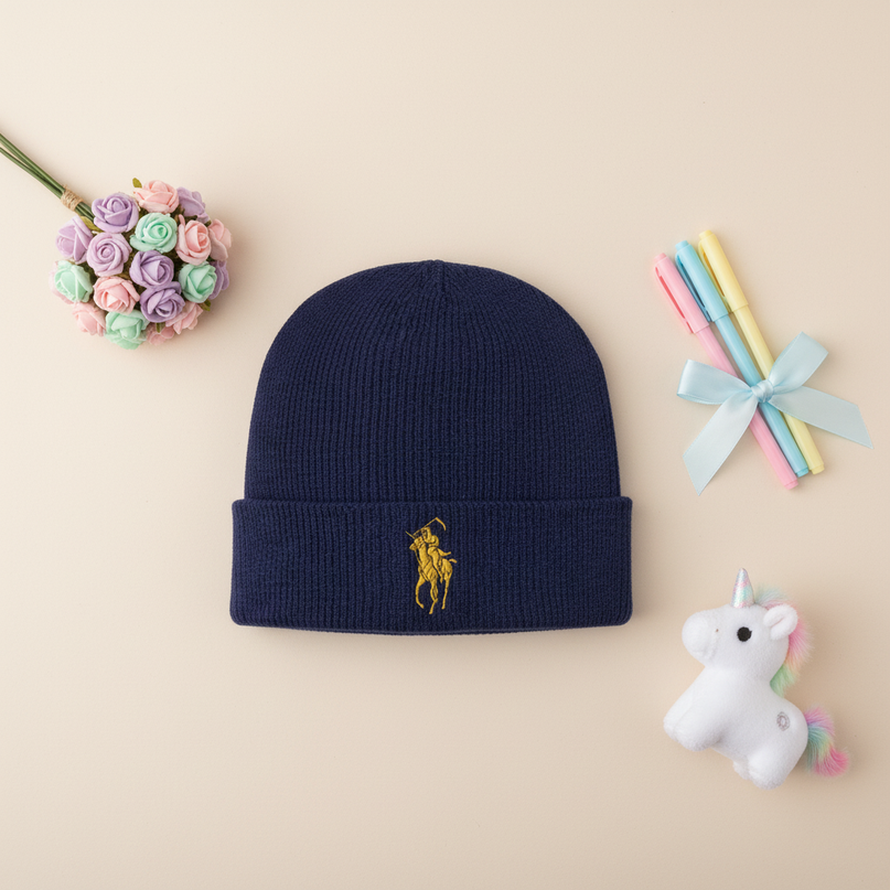 navy blue unicorn beanie - flat-lay