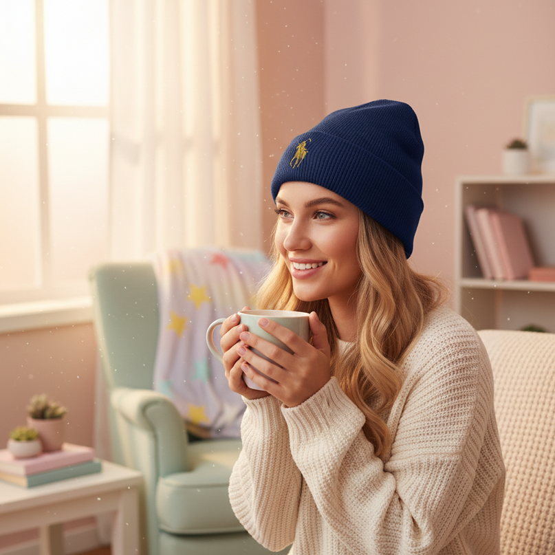 navy blue unicorn beanie - in-use