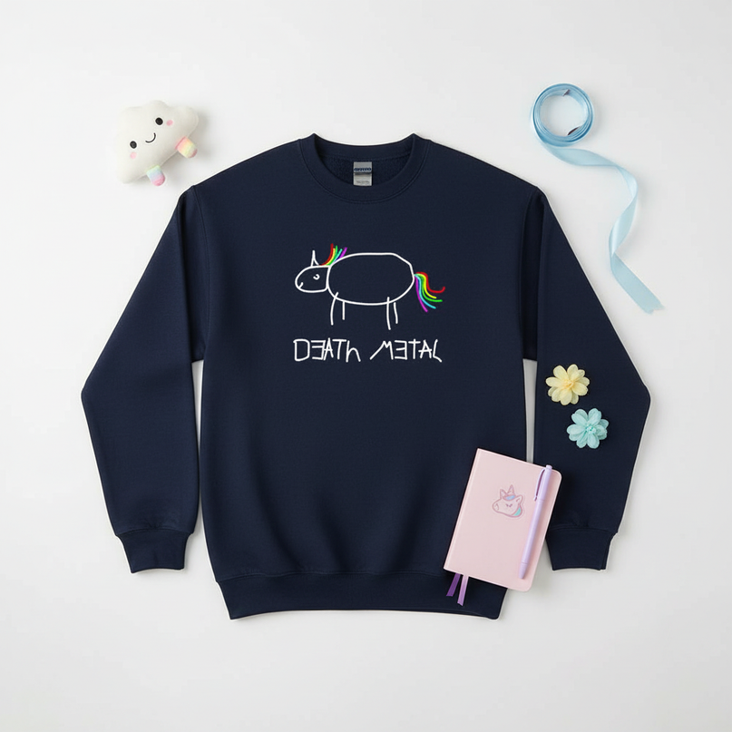 navy death metal unicorn sweater - flat-lay