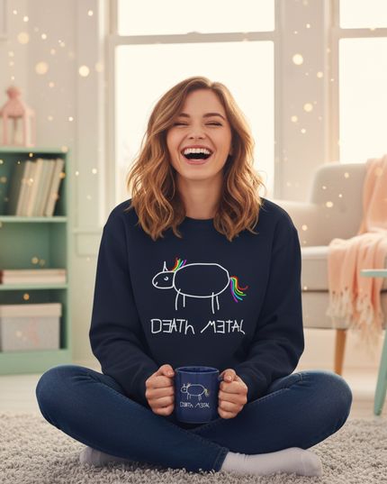 navy death metal unicorn sweater - in-use