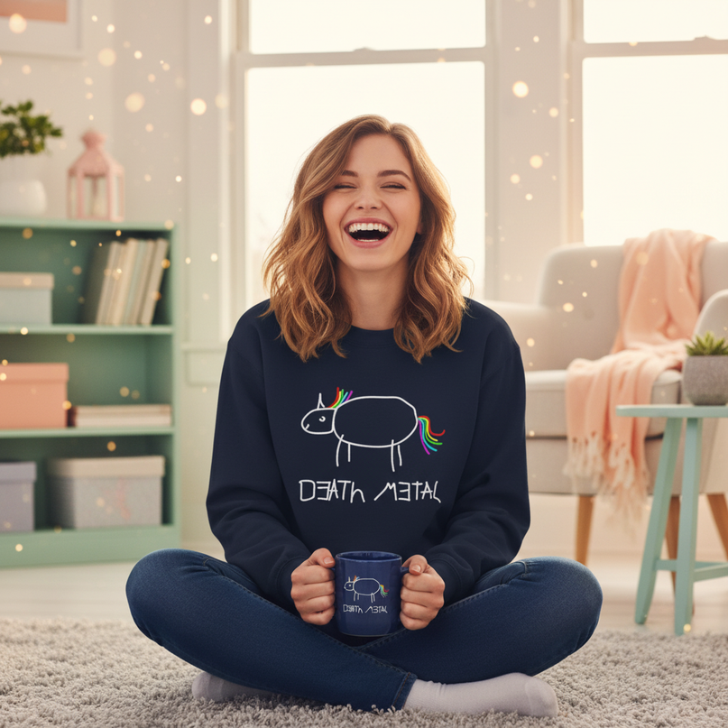 navy death metal unicorn sweater - in-use