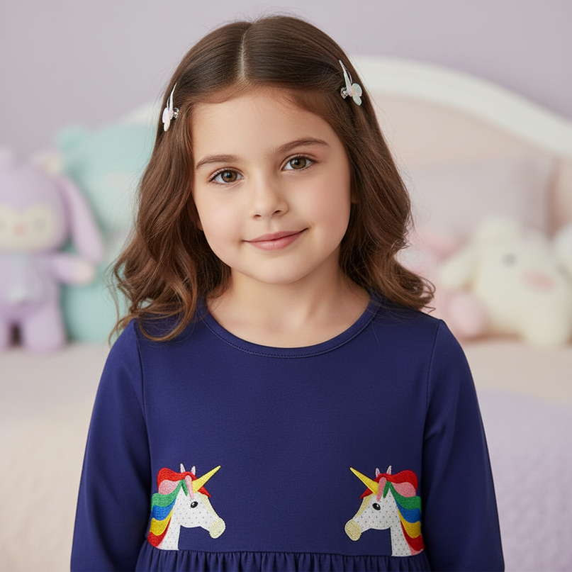 navy unicorn applique dress - detail