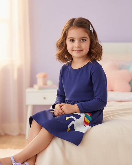 navy unicorn applique dress - sitting