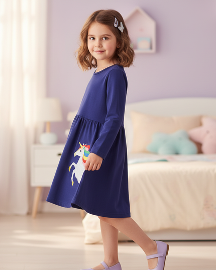 navy unicorn applique dress - three-quarter