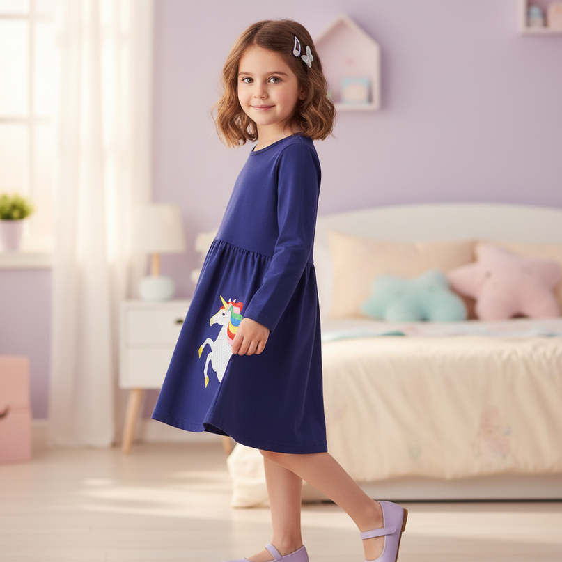 navy unicorn applique dress - three-quarter