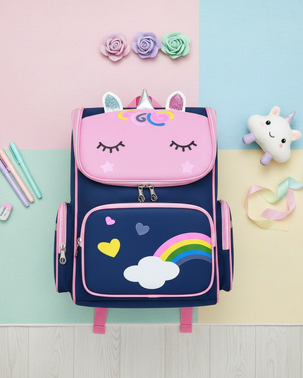 navy unicorn backpack girls - flat-lay