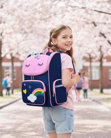 navy unicorn backpack girls - in-use