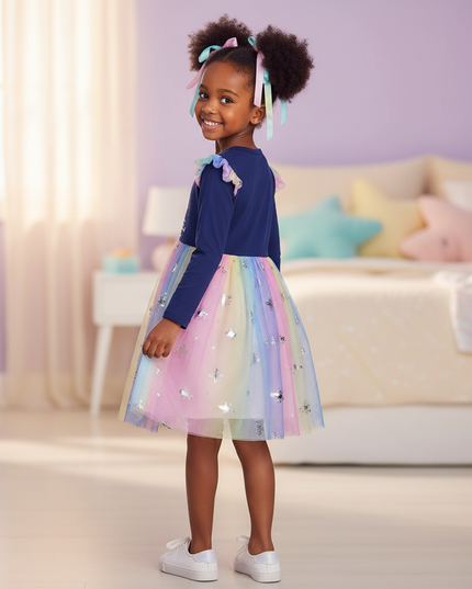 navy unicorn cartoon print dress - back