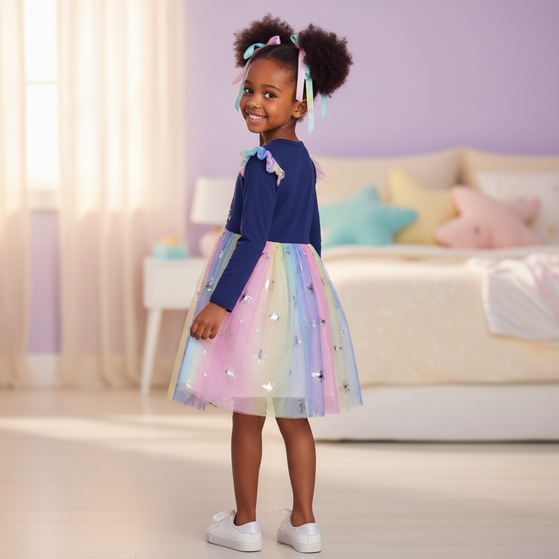 navy unicorn cartoon print dress - back