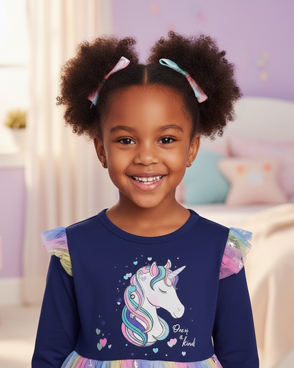 navy unicorn cartoon print dress - detail