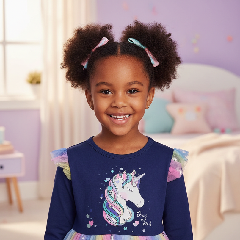 navy unicorn cartoon print dress - detail