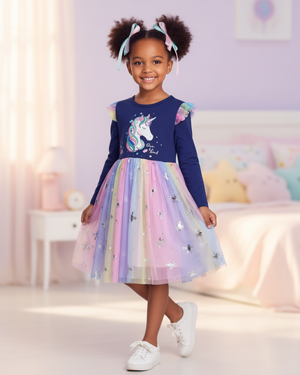 navy unicorn cartoon print dress - front