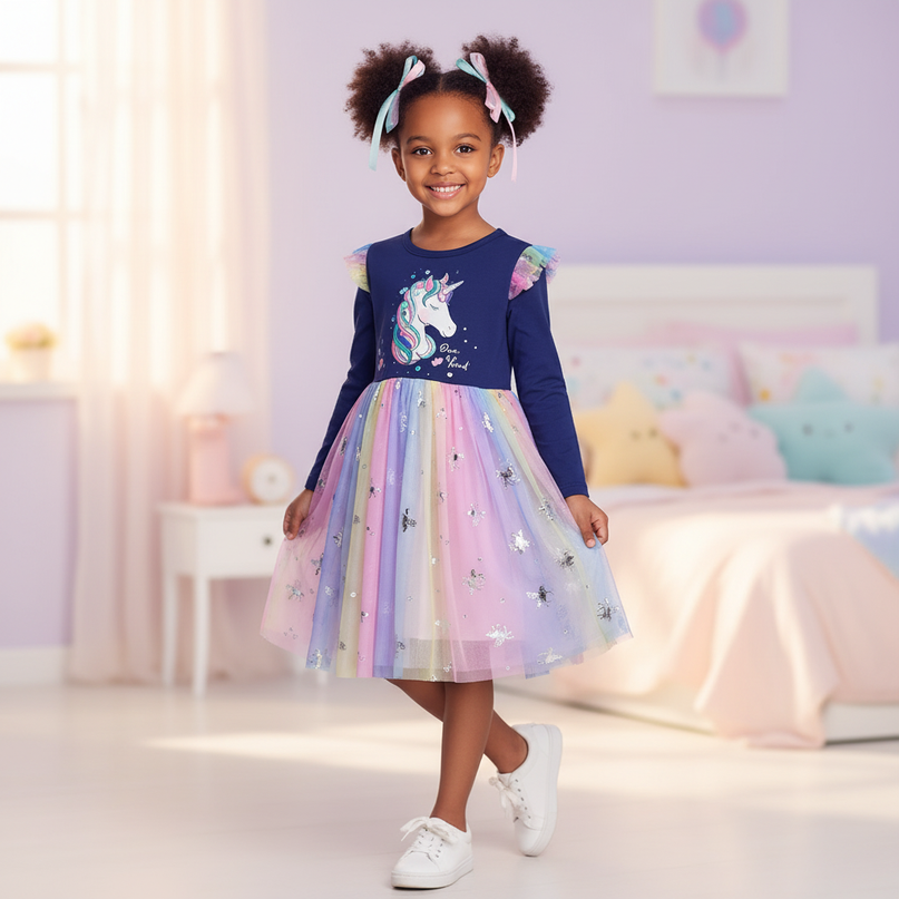 navy unicorn cartoon print dress - front