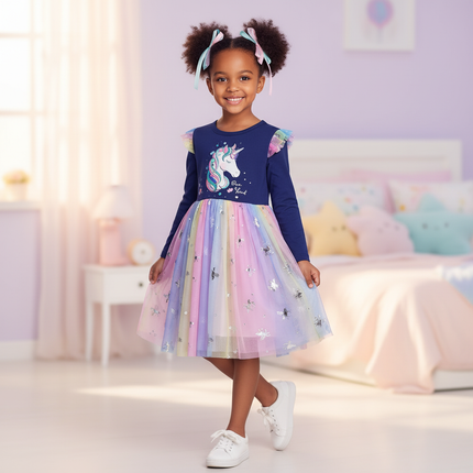navy unicorn cartoon print dress - front