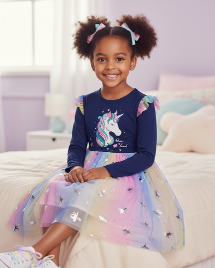 navy unicorn cartoon print dress - sitting