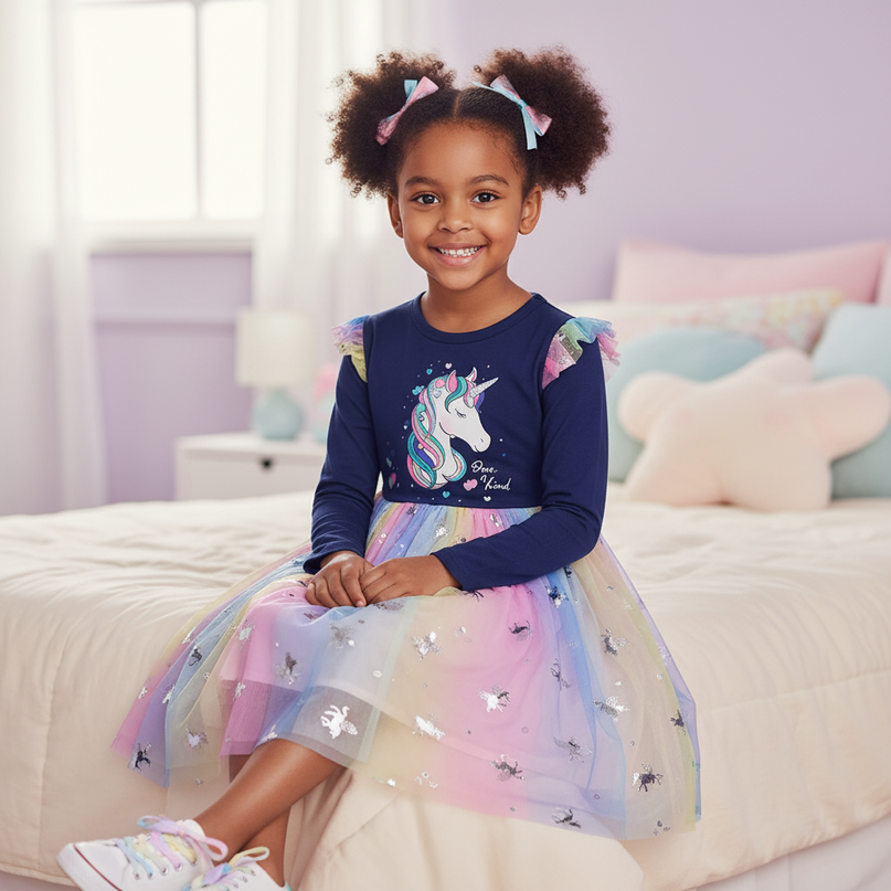 navy unicorn cartoon print dress - sitting