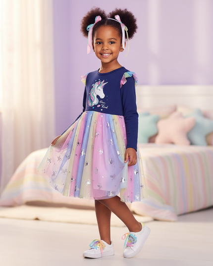 navy unicorn cartoon print dress - three-quarter