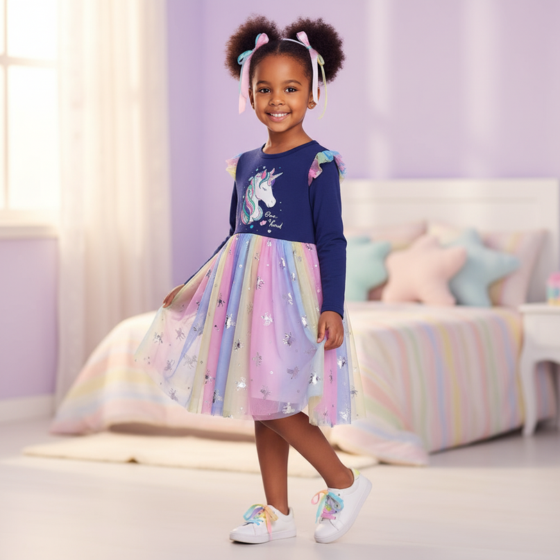 navy unicorn cartoon print dress - three-quarter