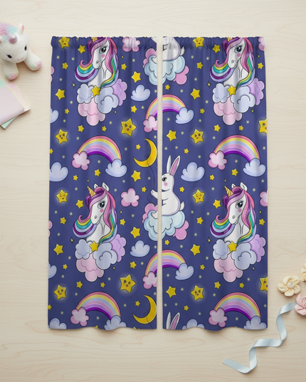 navy unicorn curtains - flat-lay