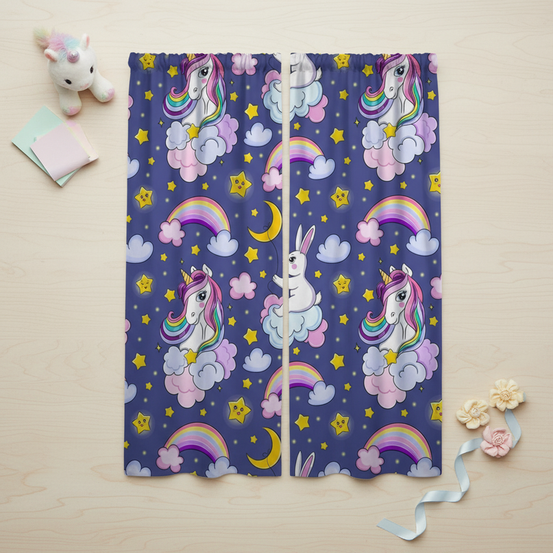 navy unicorn curtains - flat-lay