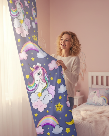 navy unicorn curtains - in-use