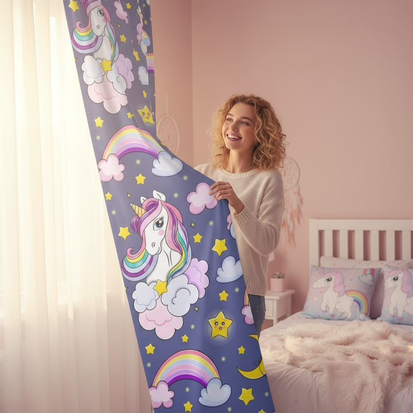 navy unicorn curtains - in-use