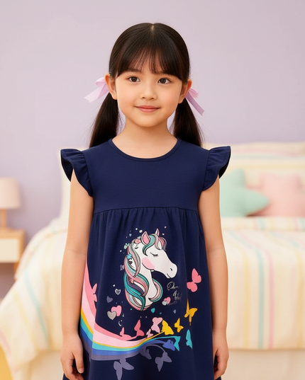 navy unicorn flutter dress girls - detail