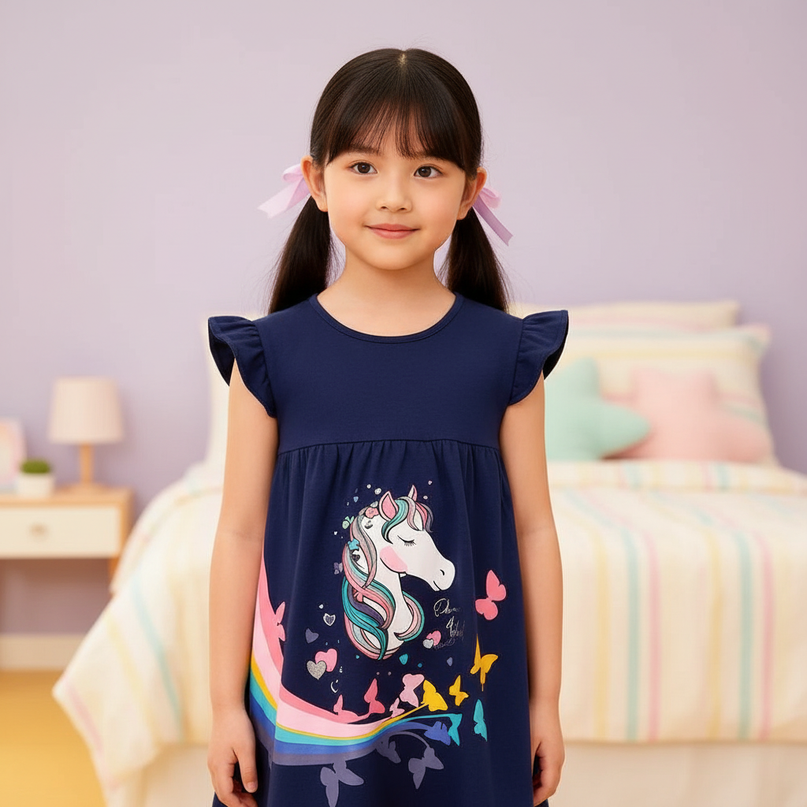 navy unicorn flutter dress girls - detail