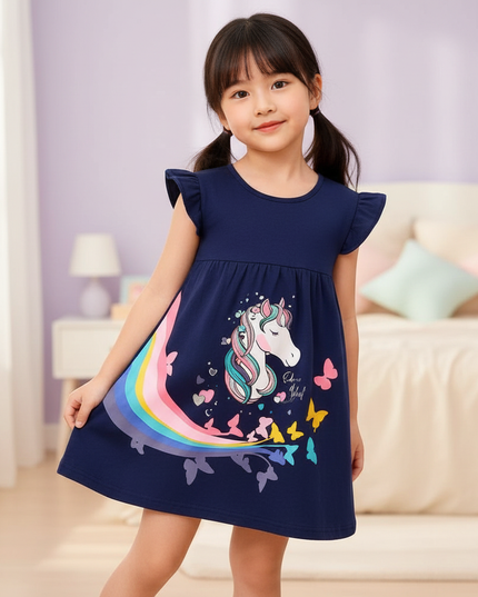navy unicorn flutter dress girls - front