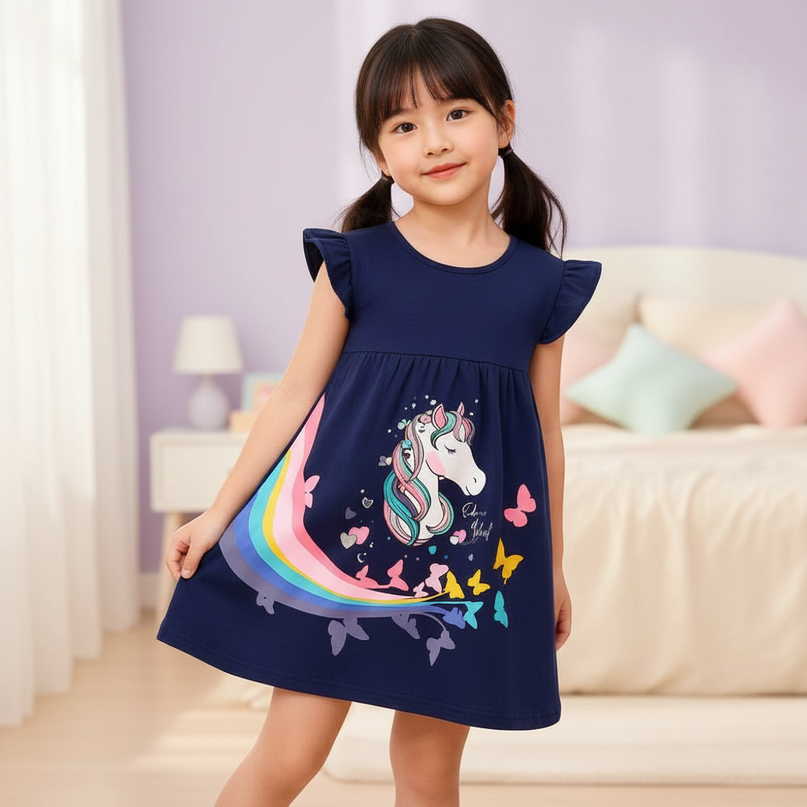 navy unicorn flutter dress girls - front