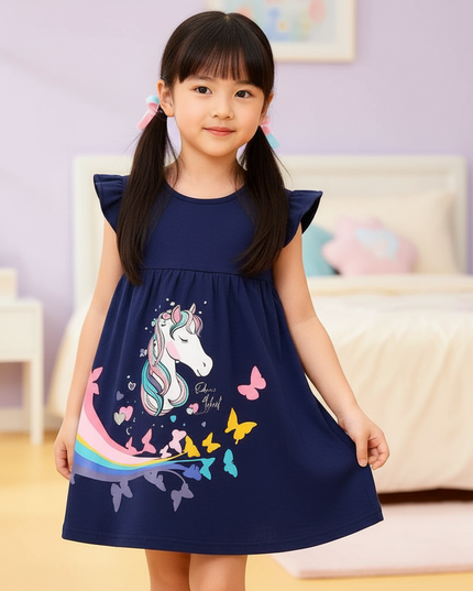 navy unicorn flutter dress girls - three-quarter