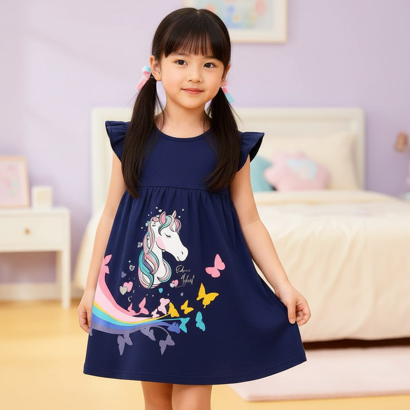navy unicorn flutter dress girls - three-quarter