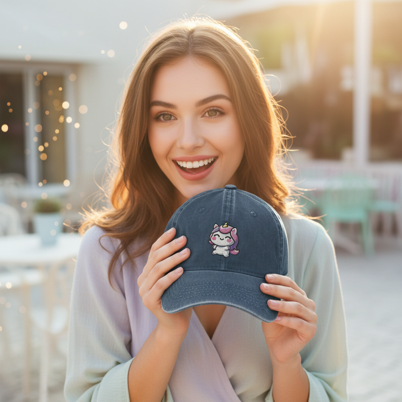 navy unicorn hat - in-use