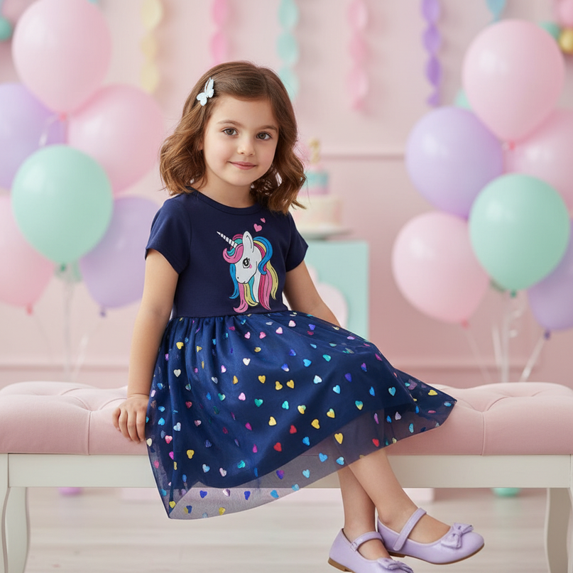 navy unicorn heart mesh dress - sitting