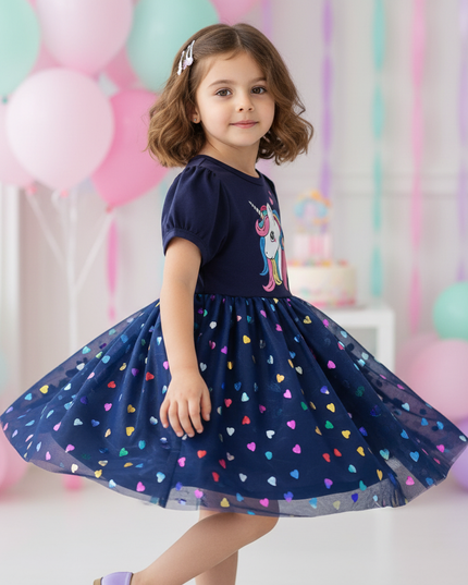 navy unicorn heart mesh dress - three-quarter