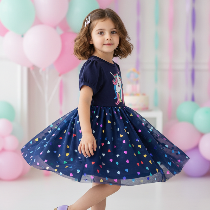 navy unicorn heart mesh dress - three-quarter