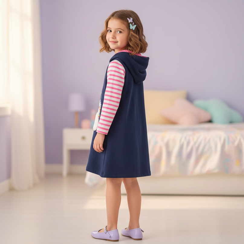 navy unicorn hoodie dress girls - back