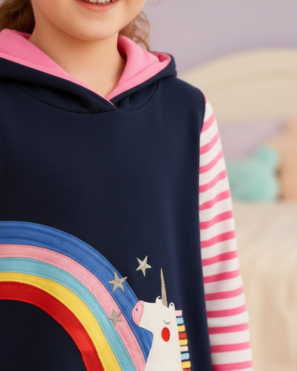 navy unicorn hoodie dress girls - detail