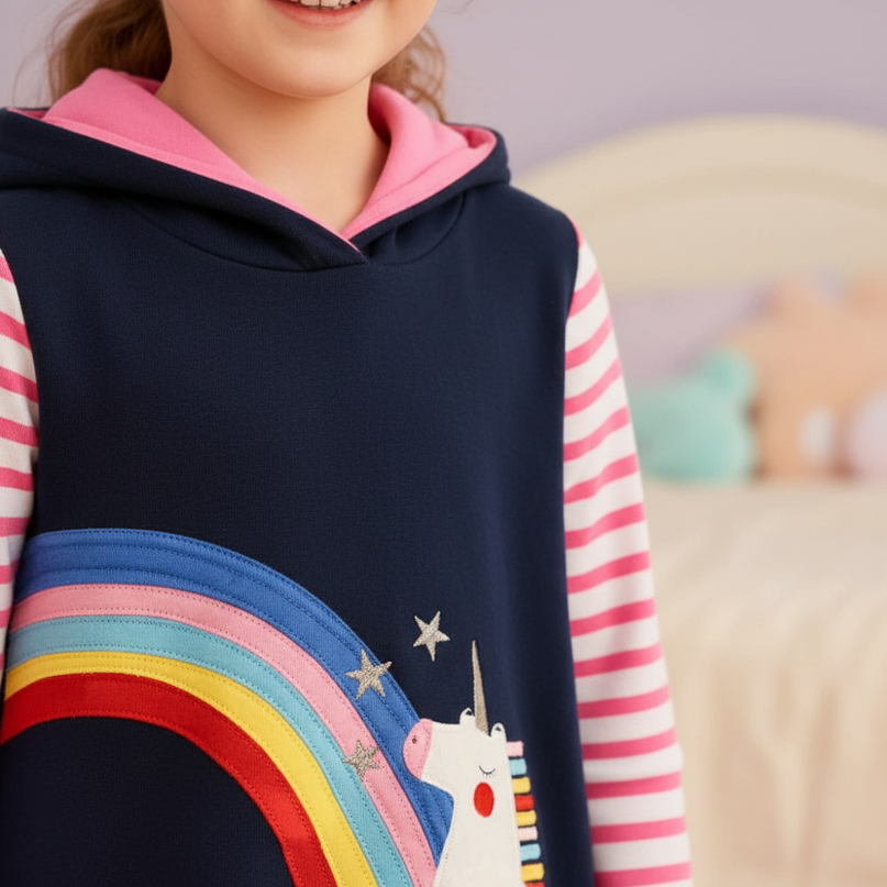 navy unicorn hoodie dress girls - detail