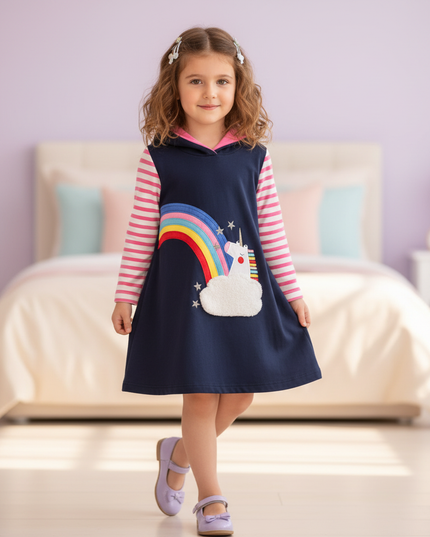 navy unicorn hoodie dress girls - front