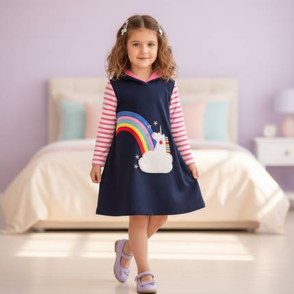 navy unicorn hoodie dress girls - front