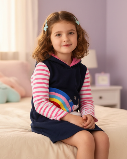 navy unicorn hoodie dress girls - sitting