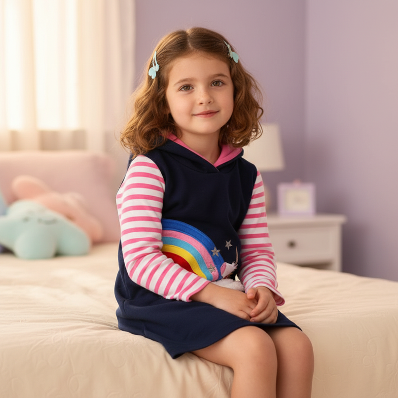 navy unicorn hoodie dress girls - sitting