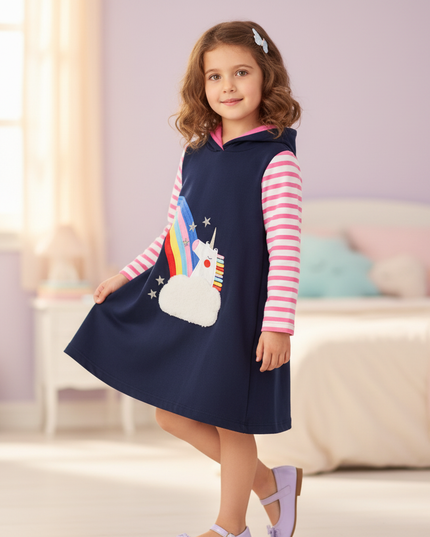 navy unicorn hoodie dress girls - three-quarter