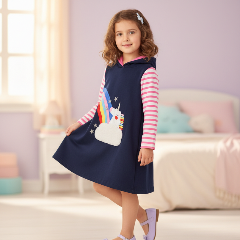 navy unicorn hoodie dress girls - three-quarter