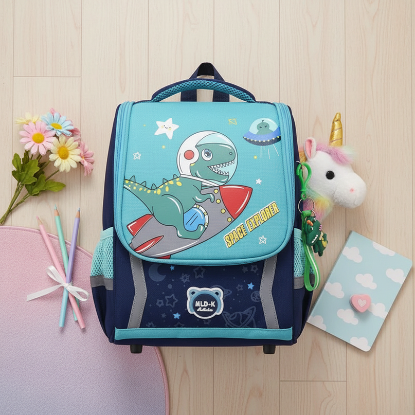 navy unicorn orthopedic school backpack - flat-lay