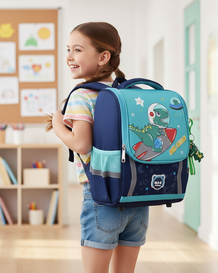 navy unicorn orthopedic school backpack - in-use